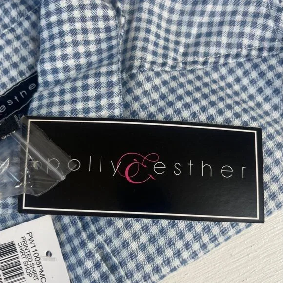 Polly & Esther Gingham Button Up Shirt Womens Medium Blue New Long Sleeve - Picture 7 of 8